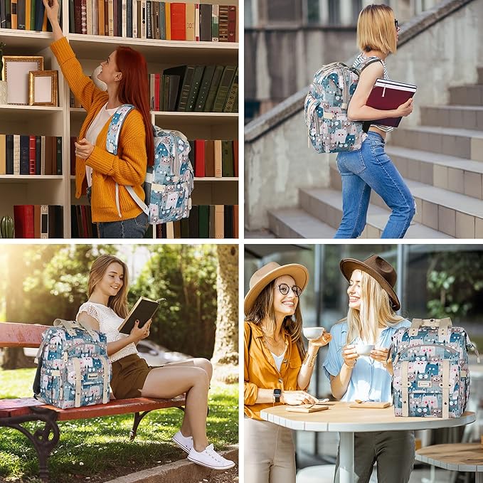 FALANKO Laptop Backpack for Women,Teacher Doctor Nurse Work Purse Bag for 15.6 Inch Laptop,Cute Cartoon Pattern backpack With RFID Anti Theft Pocket, Large Travel Bookbag for Women
