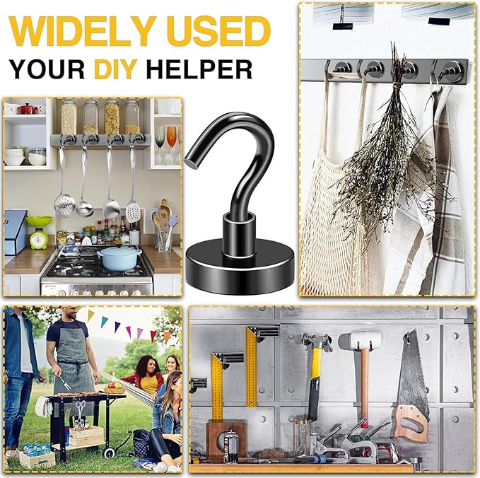DIYMAG Magnetic Hooks, 85 LB Black Heavy Duty Strong Magnet with Hook, Rare Earth Neodymium Magnets for Hanging, Magnetics Hanger for Curtain, Home, Kitchen, Workplace, 12 Packs,