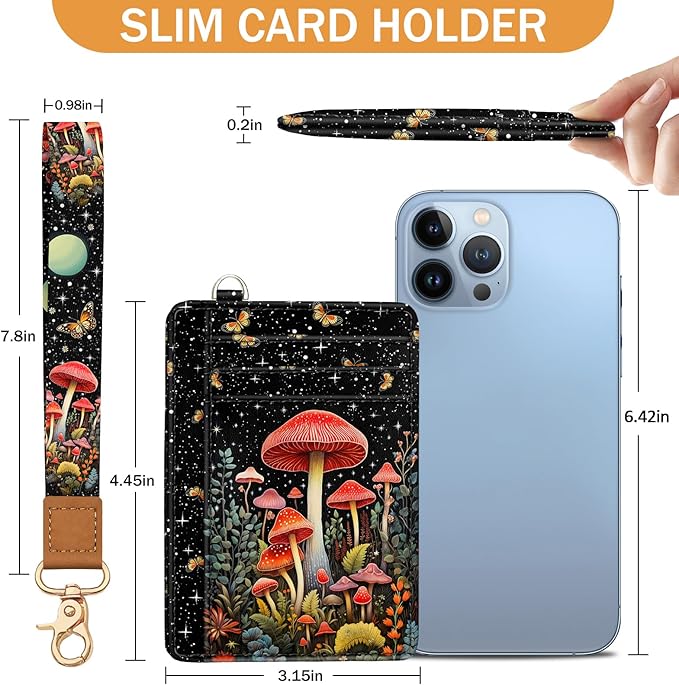 Yonlevres Mushroom Credit Card Holder Slim Wallet, RFID Wallet Women Front Pocket Wristlet Lanyard, Small Card Holder Travel Funny Cute Thin ID Window PU Leather Case Organizer Gifts Girls