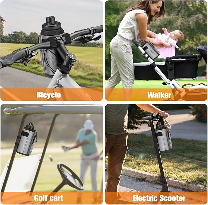 FINPAC Cup Holder for Bike, Universal Water Bottle Holder with Phone Pockets for Stroller Walker Golf Cart Rollator and Scooter, Outdoor, Biking - Gray