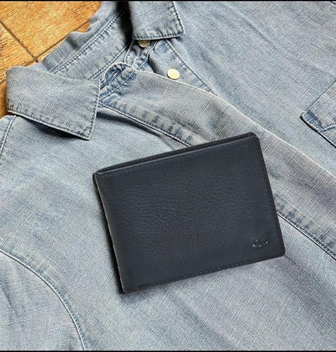Real Leather Mens Bifold Wallet RFID Blocking Slim Minimalist Front Pocket - Thin & Stylish with ID Window in Gift Box (Nappa, Black)