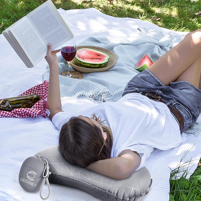 Camping Inflatable Pillow with 2-in-1 Silicone Air Pump Storage Bag – Ultralight Travel Pillow for Airplane, Lumbar Support, Dual Valve Easy Inflate, Compressible Ergonomic (Grey)
