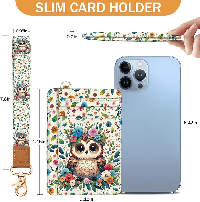 Yonlevres Owl Credit Card Holder Slim Wallet, RFID Wallet Women Front Pocket Wristlet Lanyard, Small Card Holder Travel Funny Cute Thin Card Case ID Window PU Leather Card Organizer Gifts Girls