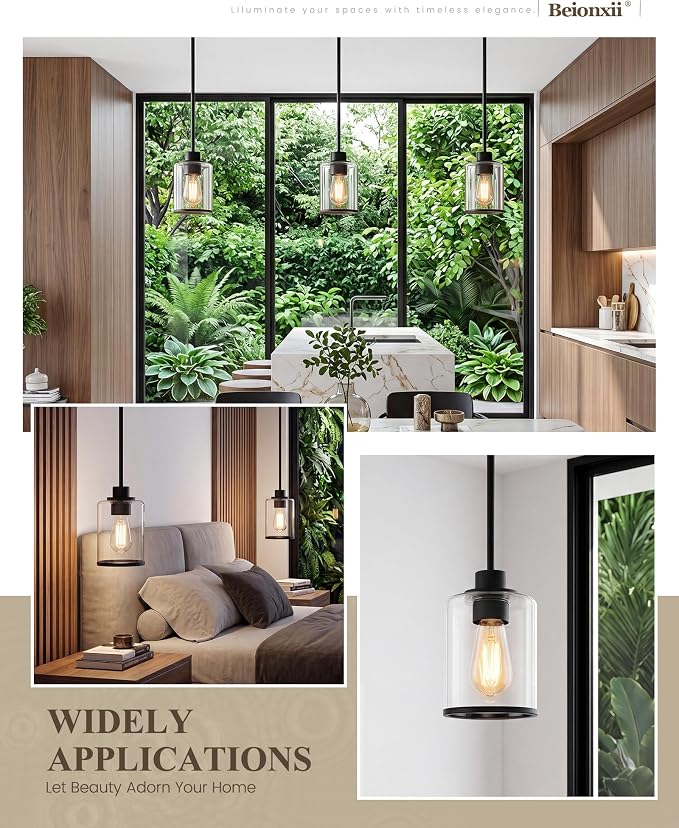 Beionxii Pendant Lights Kitchen Island, Oil Rubbed Bronze Hanging Light | Farmhouse Pendant Lighting, Hanging Pendant Light with Rods for Kitchen Island Dining Room Bedroom Entryway,BX-PL02ORB-2CG+R