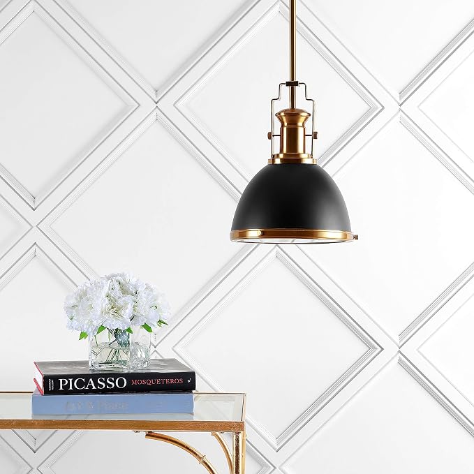 JONATHAN Y Homer Industrial Dome Pendant 10", Black/Brass Gold | 1-Light, Farmhouse Style, Adjustable Hanging Height, Glass Diffuser, Sloped Ceiling Compatible, Metal, LED Bulb Included