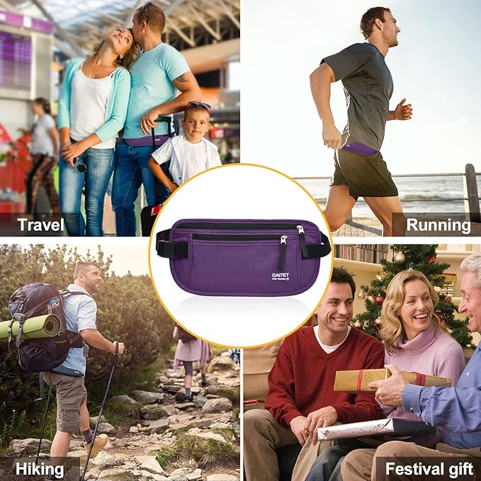 RFID Blocking Money Belt for Men Women, Slim Fanny Pack For Travel,Running,Conceal Waist Wallet For Passport Holder,Phone,Cash(Dark Purple), Dark Purple, Rfid Blocking & Belt Wide:1inch