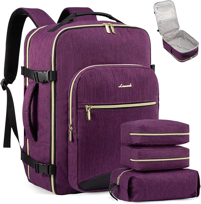 LOVEVOOK Travel Backpack for Women & Men 50L,Airline Approved Carry On Backpack Travel Essential,TSA Carry on Luggage,Waterproof Personal Item Travel Bag,Suitcase with 3 Packing Cube,Dark purple-Black