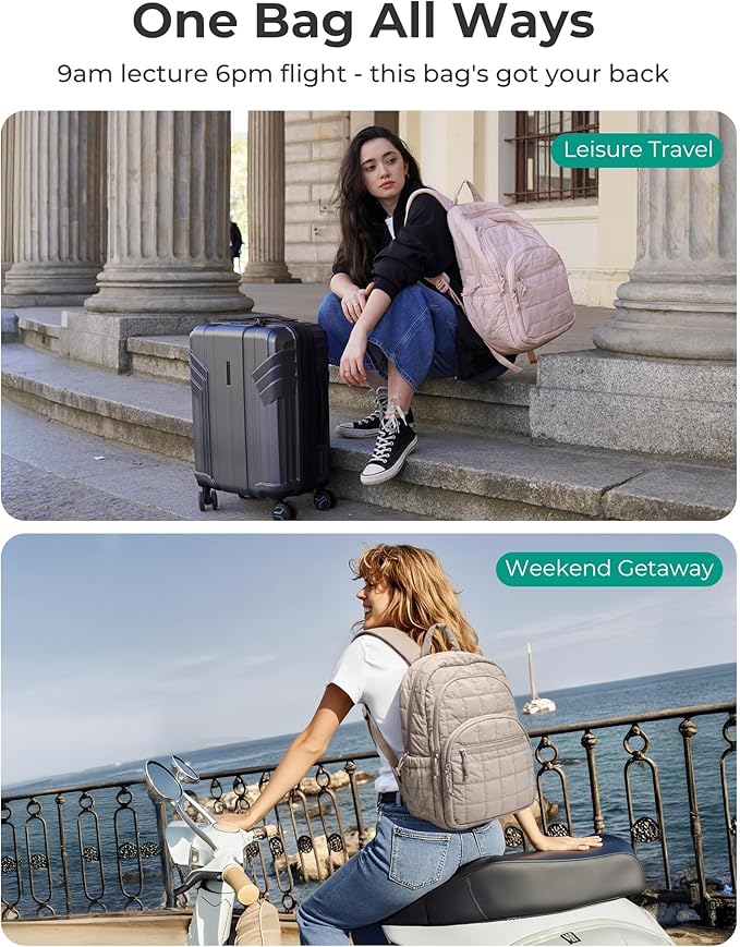 BAGSMART College Laptop Backpack, Travel Backpack for Women, Quilted Casual Daypack, Water-Resistant Bookbag for 15.6 Inch Laptop, Camel