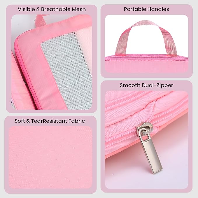 Ultralight Compression Packing Cubes for Suitcases Carry on,Compressible Mesh Packing Cubes for Travel Women Travel Essentials with Shoe Bag 6 Set (Pink)