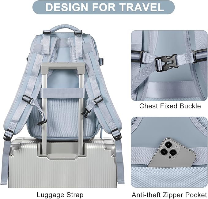 coofay Travel Backpack Carry on Flight Approved Mochila De Viaje Carry on Backpack for Airplanes Spirit Airlines Personal Item Bag 18x14x8 Inches Travel Bag Traveling Backpack for Women Men Grey Blue