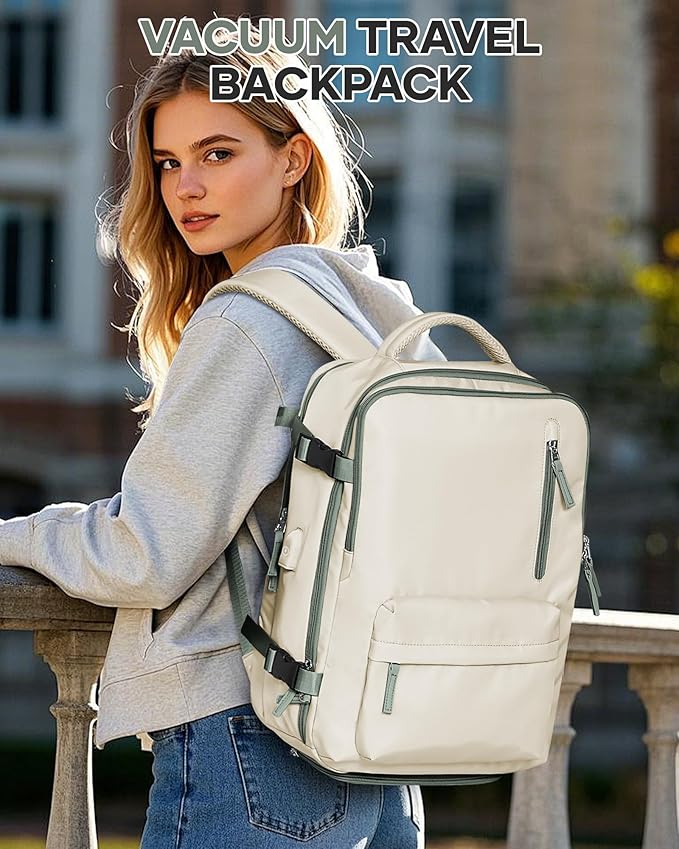 VECAVE Vacuum Travel Backpack with Pump for Women, Personal Item Carry on Backpacks Flight Approved 18x14x8 inches for Men,Laptop Waterproof Work Compression bags Casual Daypack BeigeGreen