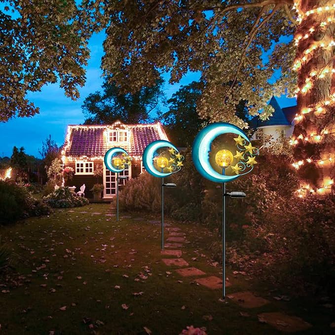 Solar Decor Garden Lights - Powered Lights Outdoor Decorative Lights | EPROSMIN Waterproof Pathway Crackle Glass Globe Led Landscape Lighting for Pathway,Yard,Lawn,Patio Stars Moon