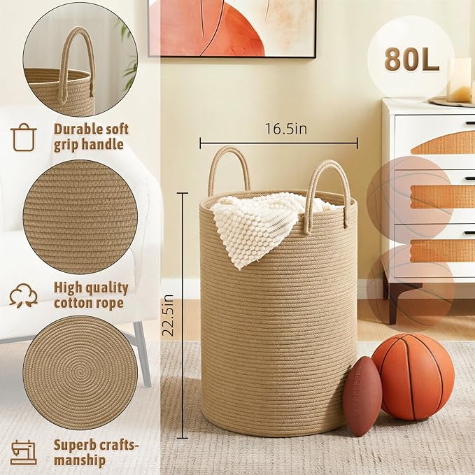 Laundry Basket,Woven Cotton Rope Laundry Hamper,80L for Decorative Storage of Dirty Clothes,Toys and Blankets in Bathroom,Baby Room and Living Room