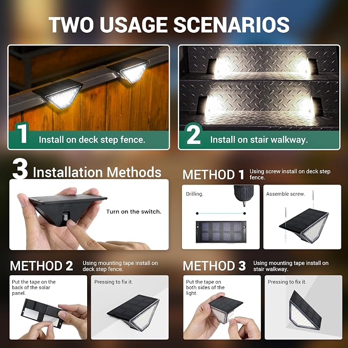 PATIOWIN 6 Pack Solar Step Lights for Outside, 24 LEDs Solar Stair Lights Waterproof IP65, Solar Deck Lights Outdoor Decor for Garden, Porch, Pathway, Patio, Fence(Cold White) | 24 LEDs Solar Deck Lights for Garden, Porch, Pathway, Patio, Fence, Balcon...
