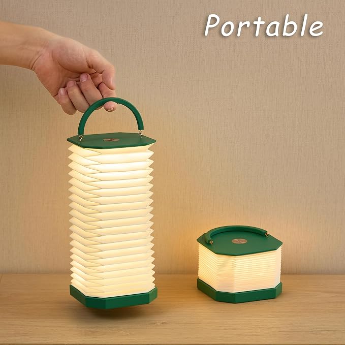 Uniwolk Paper Lamp House Warming Gifts, Portable Cordless Foldable Small Bedside Lamp, Retro Green Accordion Desk Lamp, Paper Lantern Lights 1200mAh, Japanese Gifts Collapsible Pleated Wireless lamp