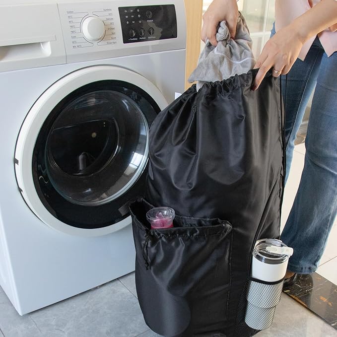 Polecasa Extra Heavy Duty Large Backpack Laundry Bag with Comfortable Padded Shoulder Straps & 4 Pockets, Drawstring bag for Dorm, College, Travel, Black