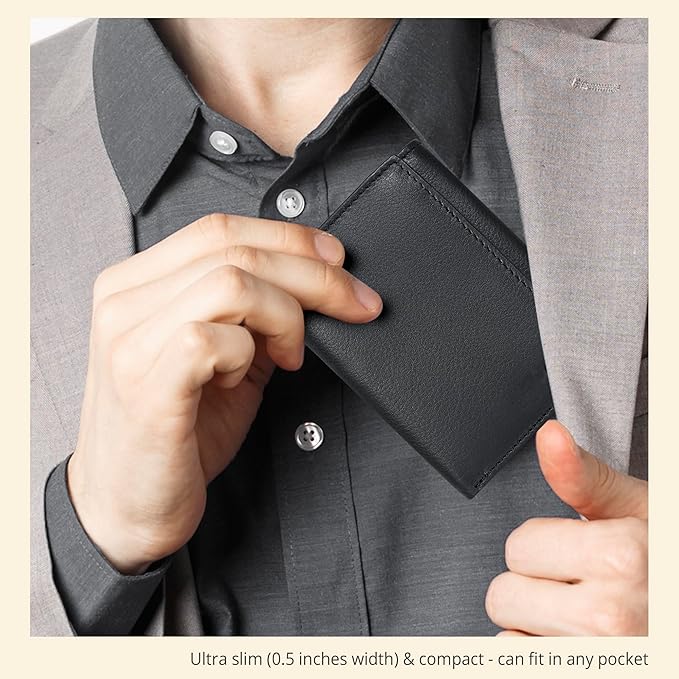 Real Leather Mens Trifold Wallet RFID Blocking Slim Minimalist Front Pocket - Thin & Stylish with ID Window in Gift Box
