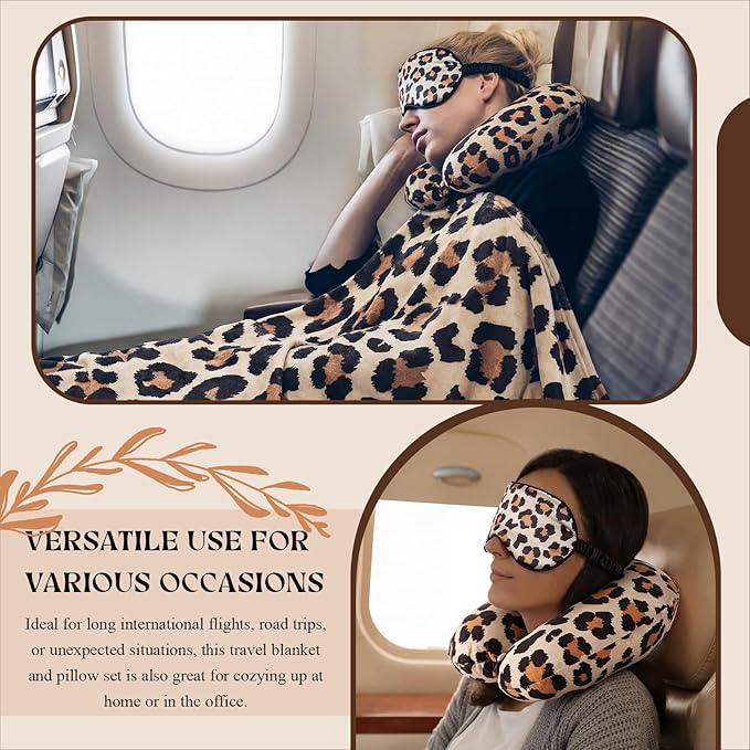 5 Pcs Travel Pillow and Blanket Set, 5 in 1 Travel Airplane Compact Includes 40 x 60 Inch Throw Blanket Eye Mask Neck Pillow Earplug and Bag Gifts for Travelers Women(Leopard Print,Brown)