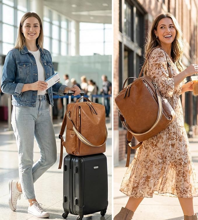 myfriday PU Leather Large Backpack Purse for Women Casual Travel Backpack Convertible Satchel Handbags With Luggage Strap (Brown)