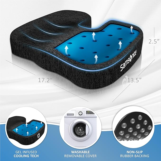 Samsonite Gel Infused Seat Cushion ā Ergonomic Cushion for Office Chair, Tailbone Pressure Pad, Coccyx Support for Sciatica, Memory Foam Seat for Car, Desk, or Gaming Chair Use, Black