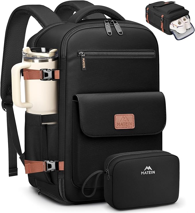 MATEIN Airlines Personal Item Bag for Frontier, 18x14x8 in Underseat Travel Backpack with Water Bottle Holder Fit 40 oz Tumbler, TSA Approved 15.6" Laptop Backpack with Shoe Compartment for Women Men