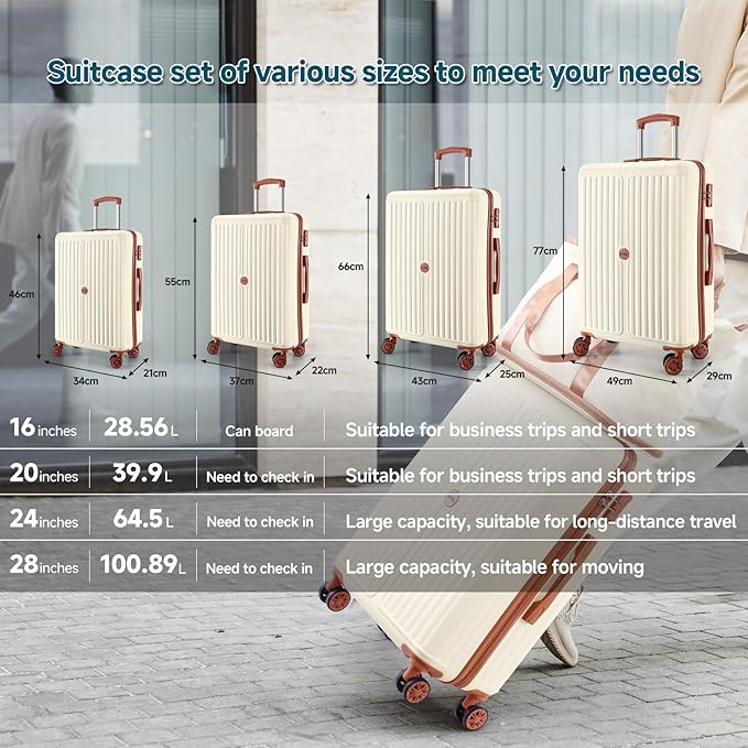 Hoteel Luggage Set 3 Piece, 4-Year Warranty, Suitcases with Wheels, PC+ABS Hardshell Suitcase, TSA Lock, Including Waterproof Luggage Bag, Travel Maletas for Men & Women, Beige
