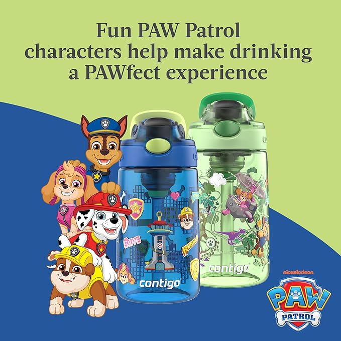 Contigo Aubrey Paw Patrol Leak-Proof Spill-Proof, 8-Pack Water Bottle with Autospout, 14oz, Power Pups and Dino Treks, Green and Blue