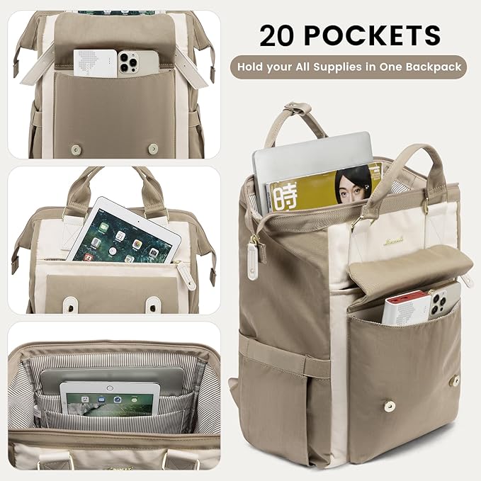 LOVEVOOK 17 inch Laptop Backpack for Women, Teacher Nurse Work Travel Backpacks Purse,Computer Bag, Khaki Beige