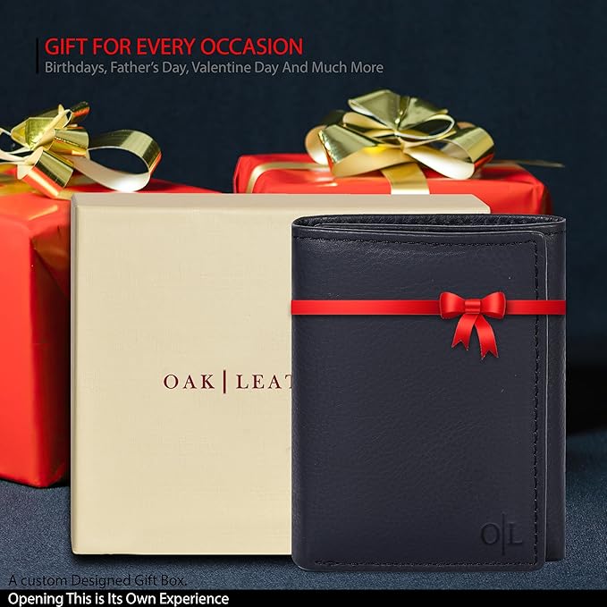 Real Leather Mens Trifold Wallet RFID Blocking Slim Minimalist Front Pocket - Thin & Stylish with ID Window in Gift Box