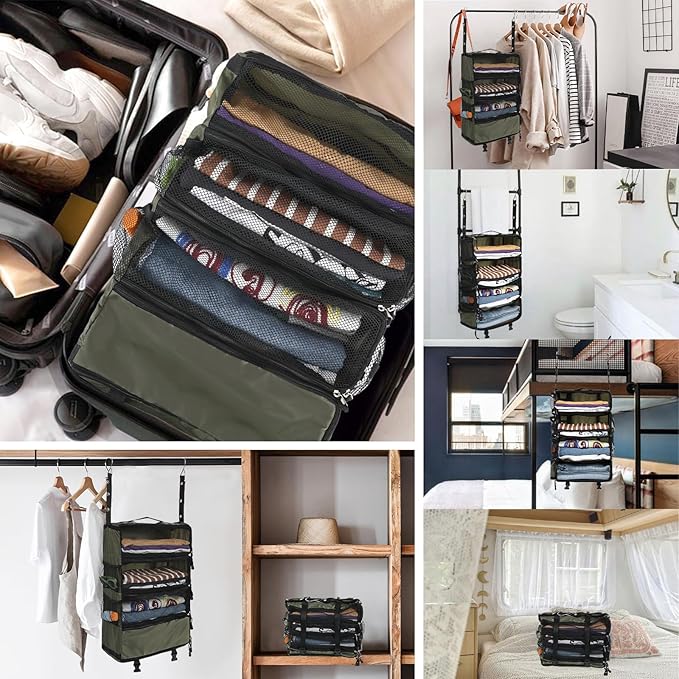 Surblue Travel Hanging Luggage Organizer Portable Suitcase Closet Organizer Multiple Compartments Collapsible Compression Packing Cubes Shelf, Green, M