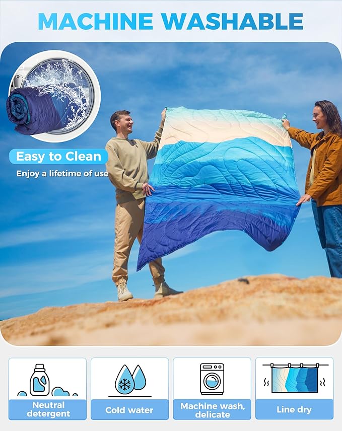 ingCamp Ultralight Camping Blanket, Packable Down Alternative Puffy Printed Wearable Blanket with Snap Buttons & Corner Loops Weatherproof Quilt for Outdoor Travel Stadium (78.7" x 57.1", Cyan/Orange)