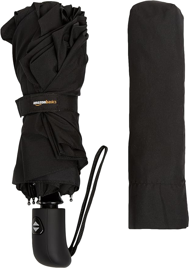 Amazon Basics Round Travel Umbrella with Auto Open/Close Button, Wind-Proof Compact Design, Wind Vent, Strong Alloy Steel Frame, Soft-Grip Handle, Storage Sleeve, 11" When Closed, Black