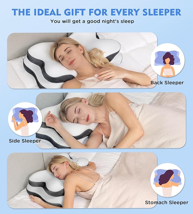 Osteo Sustained Cervical Health Neck Pillow, Contour Zoned Design Ergonomic Pillow for Pain Relief, No-Temperature Affected Memory Foam Pillows, Cooling Pillow Support Side, Back, Stomach Sleeper