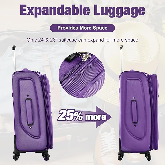 Softside Luggage 3-Piece Set with Duffel Bag, Lightweight Suitcases with Spinner Wheels, TSA Lock & Expandable for Travel, Business Trips, Durable Softshell Travel Luggage Set (Purple)