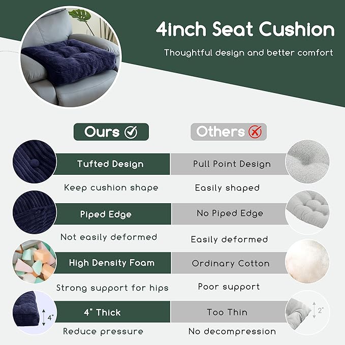 HIGOGOGO Tufted Corduroy Recliner Seat Cushion for Elderly, High Density Foam Large Square Seat Cushion for Recliner Chair, Floor Pillow, Office Chair, Car, No Pressure on Thighs, 20x20x4, Navy