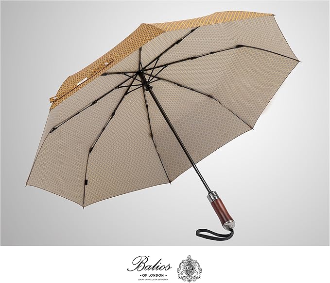 Balios (Designed in UK) Travel Umbrella Luxurious Golden Hardwood Handle Auto Open & Close Windproof Frame Single Canopy Automatic Folding Umbrella Men's & Ladies