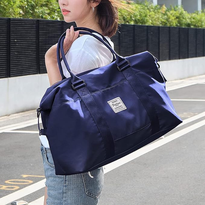 Dark Blue Sport Travel Duffle Bag Large Gym Tote Bags for Women, Weekender Carry on Bags for Airplane, Ladies Beach Overnight Waterproof Luggage Bags with Wet Pocket