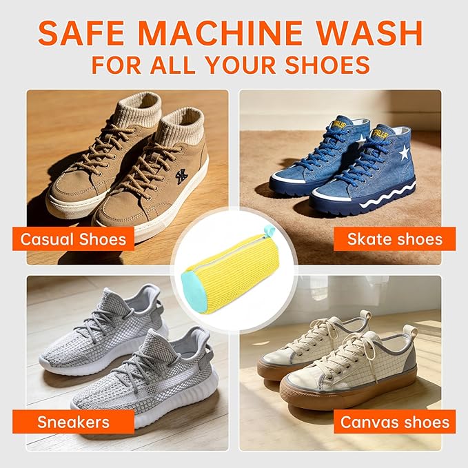 2PCS Shoe Washing Machine Bgs,Laundry Shoe Bags for Washer and Dryer, Reusable and Durable Zipper Sneaker Shoe Washing Bag, Tennis Shoe Cleaning Bag for All Shoe Types (Yellow)