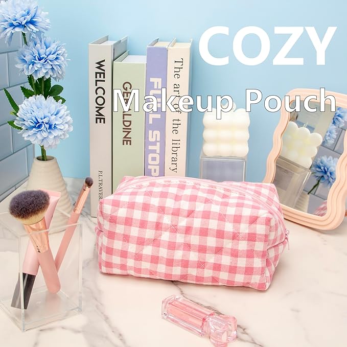 PAZIMIIK Cozy Makeup Bag Travel Cosmetic Bag for Women Soft Toiletry Bag Aesthetic Makeup Organizer Portable Large Zipper Pouch for Skincare Beauty Accessories Brushes Pink Checkered