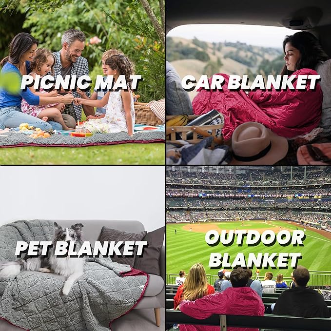 Waterproof Outdoor Blanket 82”X 55” Packable, Stadium Blankets for Camping with Sherpa Fleece Lining, Large Windproof Emergency Throw Mat for Garss Picnic Hiking Road Trip, Machine Washable, Wine