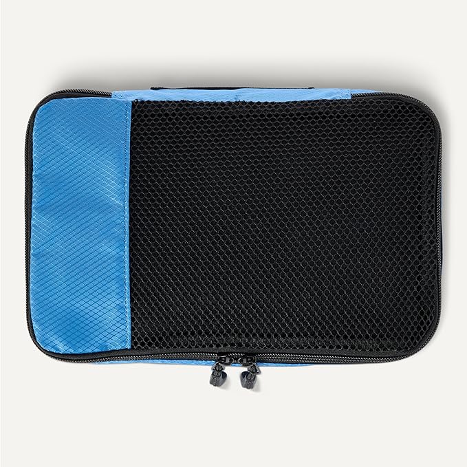 Amazon Essentials 4-Piece Space-Saving Packing Cubes Travel Accessories Set, Suitcase Organizer with Double Zipper, Mesh Top, Small, Sky Blue (Previously Amazon Basics)