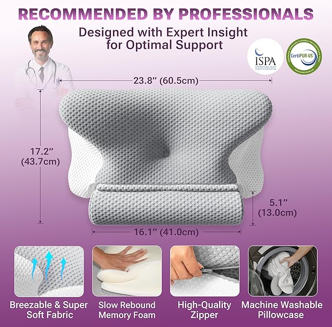 3-in-1 Orthopedic Pillow, Cervical Neck Pillow for Sleeping, Adjustable Height Memory Foam Neck Pillow and Detachable Roll, Contour Pillow for Neck Pain Relief for All Sleeping Positions (Gray)