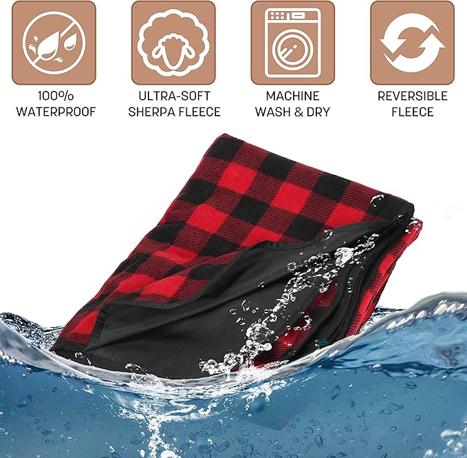 Tirrinia Waterproof Outdoor Blanket with Sherpa Lining, Windproof Triple Layers Warm Comfy Foldable for Camping Stadium, Beach, Picnic, Grass, Concerts, Car, Dog, 51''X 59'' & 59''X 80''