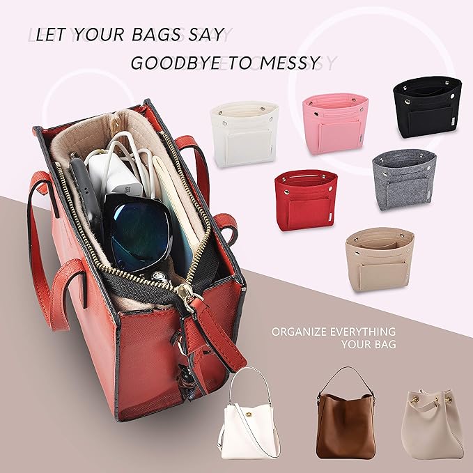 Vercord Mini Slim Small Felt Purse Organizer Insert Inside Handbag Tote Pocketbook for Women Pink