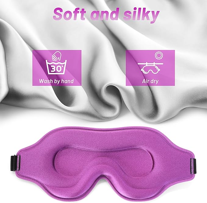 Sleep Eye Mask for Men Women, Sleeping Mask for Side Sleeper, Travel Blackout Night Blindfold Eye Shade Cover with Adjustable Strap (Purple-3D)
