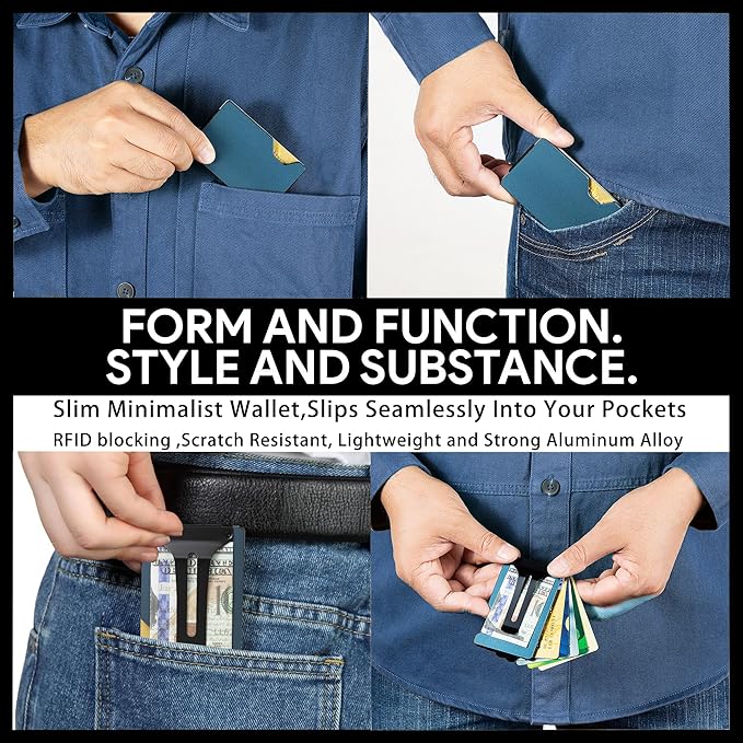 Carbon Fiber Minimalist Wallet for Men Credit Card Holder Money Clip & Cash Strap Slim RFID Mens Wallets(Matte Navy)
