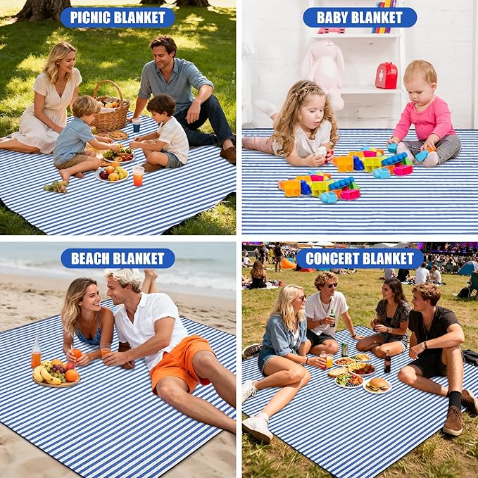 G GOOD GAIN Waterproof Picnic Blanket, 79"x79" Extra Large Beach Mat for 6 to 8 Adults, Machine Washable Outdoor Blanket for Camping, Grass, Park, Camping, Concerts, MiddleBlue