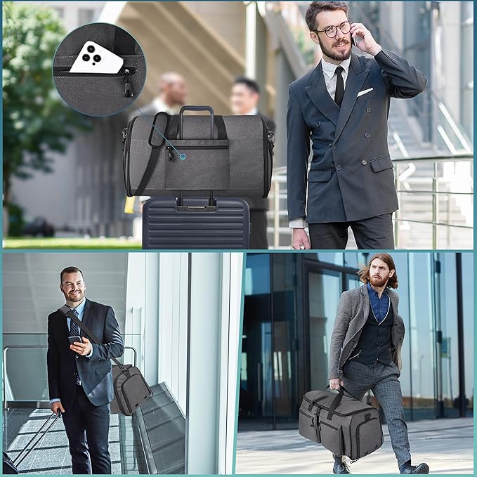 HILOMON Convertible Duffle Bags for Travel Carry On Suit Duffle Bags with Shoulder Strap 2 in 1 Hanging Garment Duffle Bag for Men Women (Gray Mesh Storage)