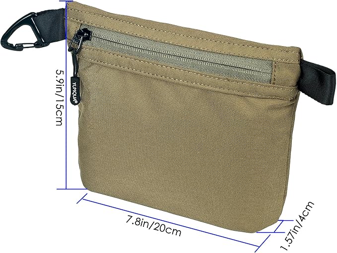 YUMQUA Water-Resistant Zipper Pouch with Carabiner Clip, Small Nylon Multipurpose Travel Digital Cosmetics Toiletry Bag Tool Storage Pouch, Khaki