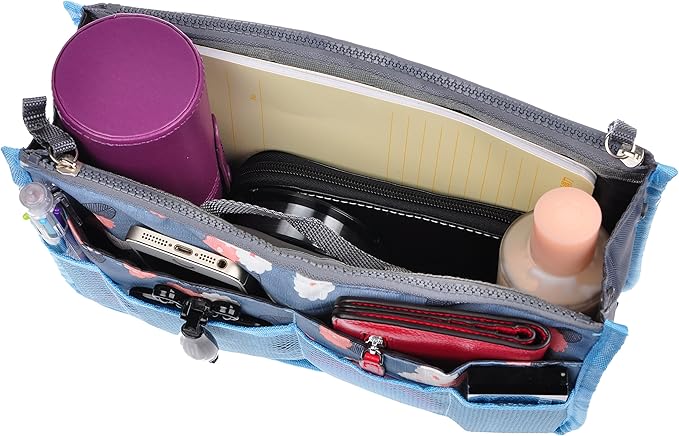 Vercord Purse Organizer Insert for Handbags Bag Organizers Inside Tote Pocketbook Women Nurse Nylon 13 Pockets Blue Flower Small